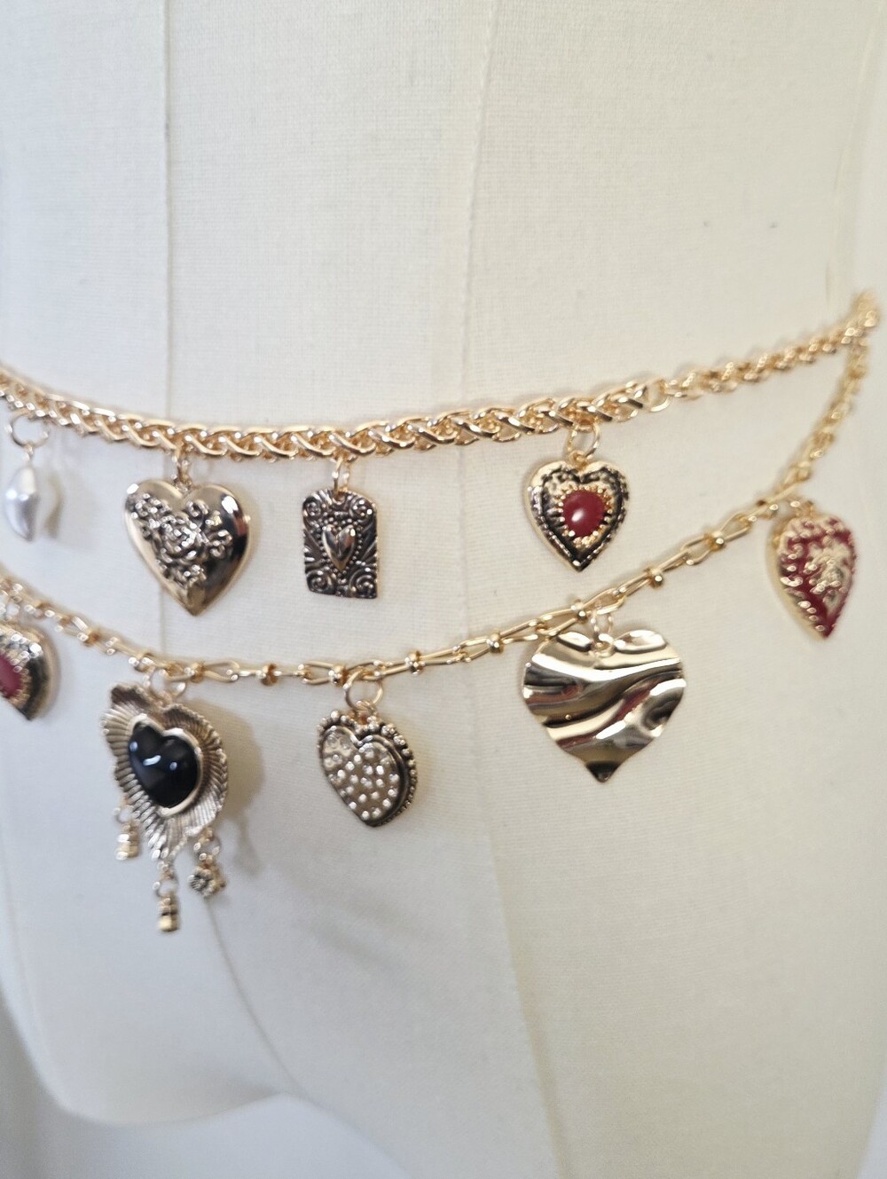 Gold Chain Charm Waist Belt with Heart and Gem Charms - Picture 7 of 8